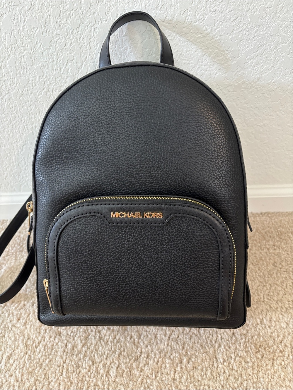 MICHAEL KORS Black Pebbled Leather Small Backpack with Gold Hardware